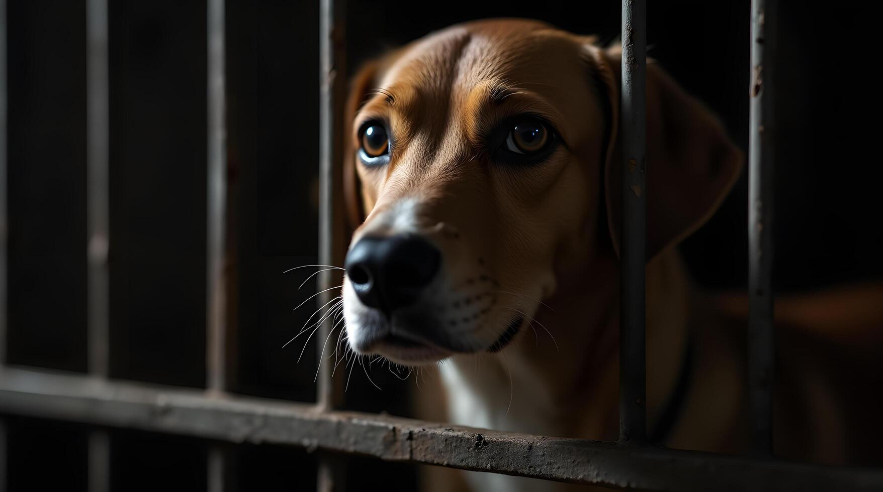 Dog Looking Through Bars with Sad Eyes in Dark Shelter photo