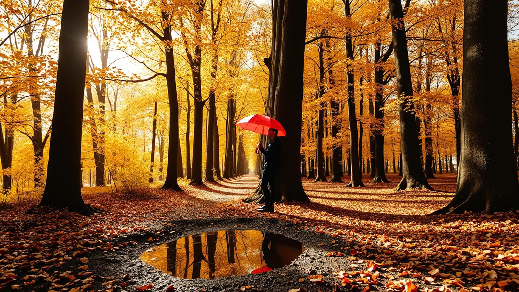 A person standing in the middle of a forest with an umbrella photo