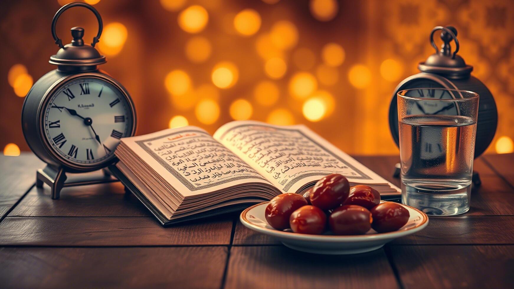 A serene ramadan table with quran, dates, and water photo