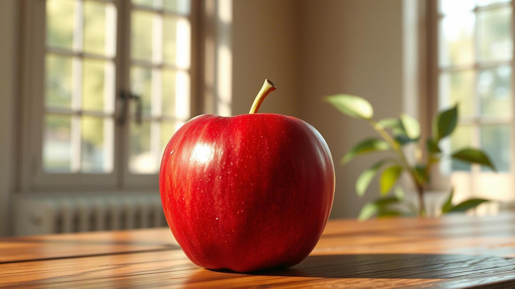 A red apple sitting on a table in front of a window photo