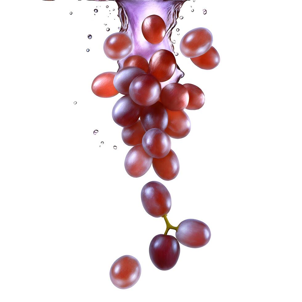Photorealistic bunch of ripe red grapes falling in a stream of fresh juice with drops and splashes. Food illustration isolated on white background. Design for advertising and packaging photo