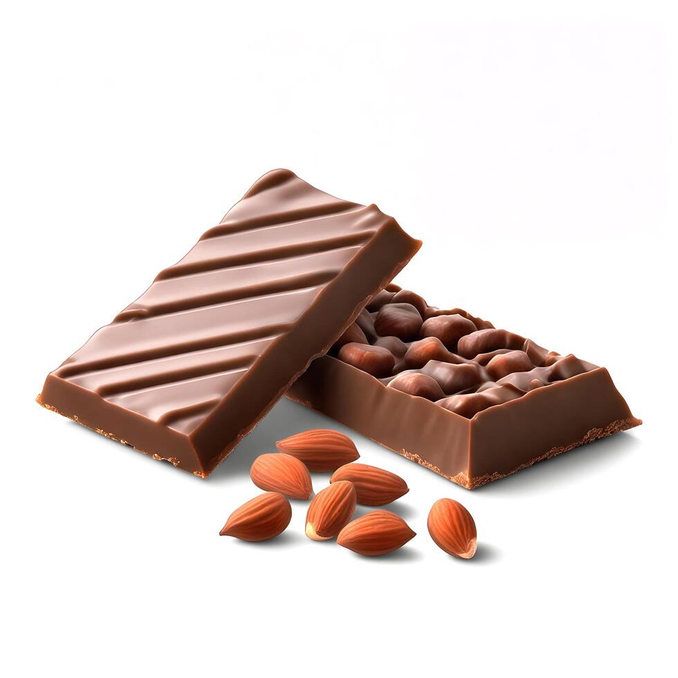 Two chocolate bar with nuts. Macro photography. Realistic isolated food illustrations for advertising and packaging design photo