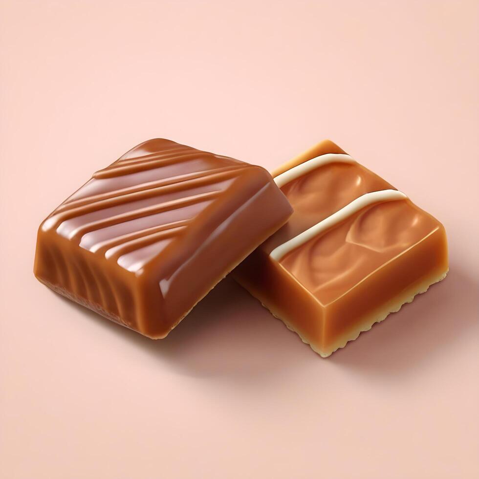 Two different cube of sweet caramel candies, toffee, confectionery decorations with sauce. Realistic isolated food illustration for advertising and packaging design photo