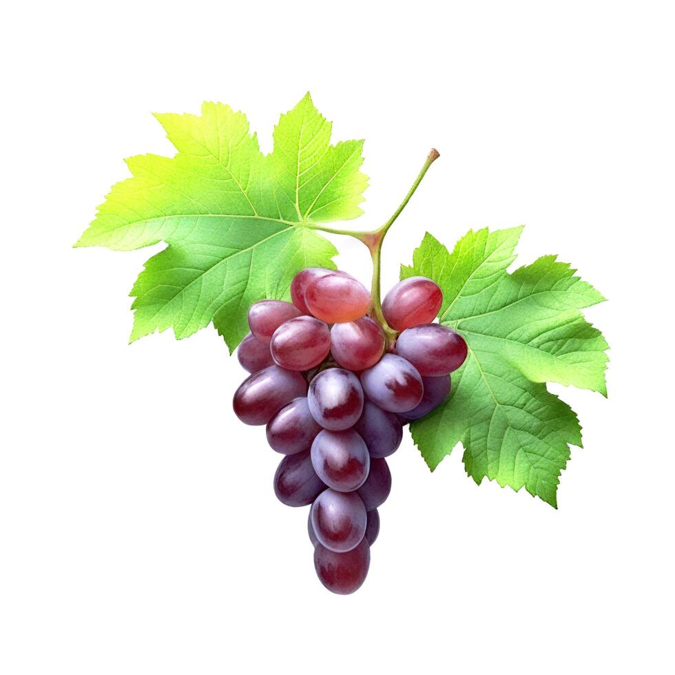 Photorealistic bunch of natural red grapes with green leaves isolated on a white background. Design for advertising and packaging photo