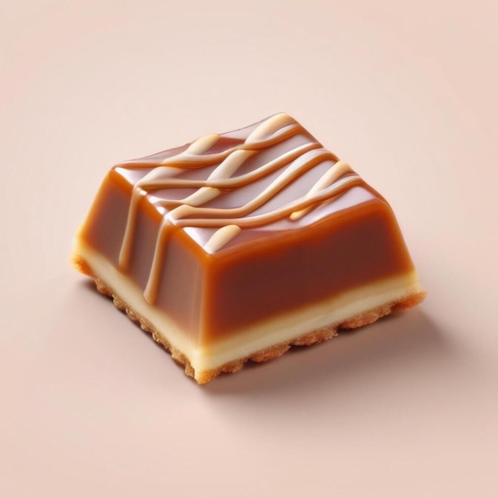Cube of sweet caramel candies, toffee, confectionery decorations with sauce. Realistic isolated food illustration for advertising and packaging design photo