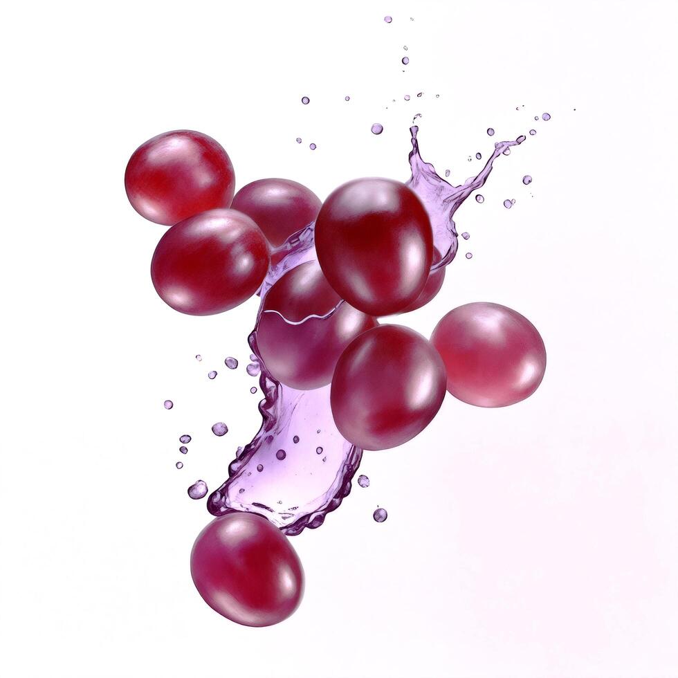 Photorealistic ripe red grapes falling in a stream of fresh juice with drops and splashes. Food illustration isolated on white background. Design for advertising and packaging photo