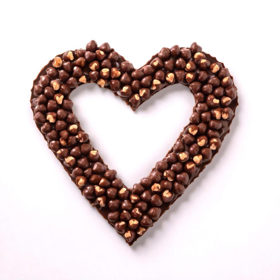 Chocolate candy, bar with nuts, heart shape, gift. Macro photography. Realistic isolated colorful food illustrations for advertising and packaging design photo