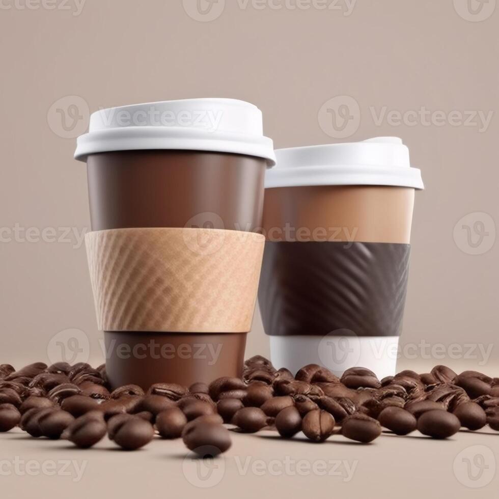 Two different cup of coffee to go surrounded by a pile roasted coffee beans. Macro photography. Realistic food illustration for advertising design photo