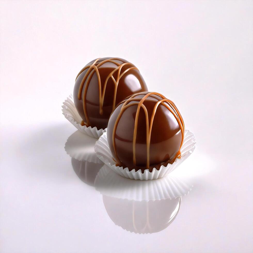 Chocolate candy, ball shape. Confectionery decorations with caramel sauce. Macro photography. Realistic isolated colorful food illustrations for advertising and packaging design photo