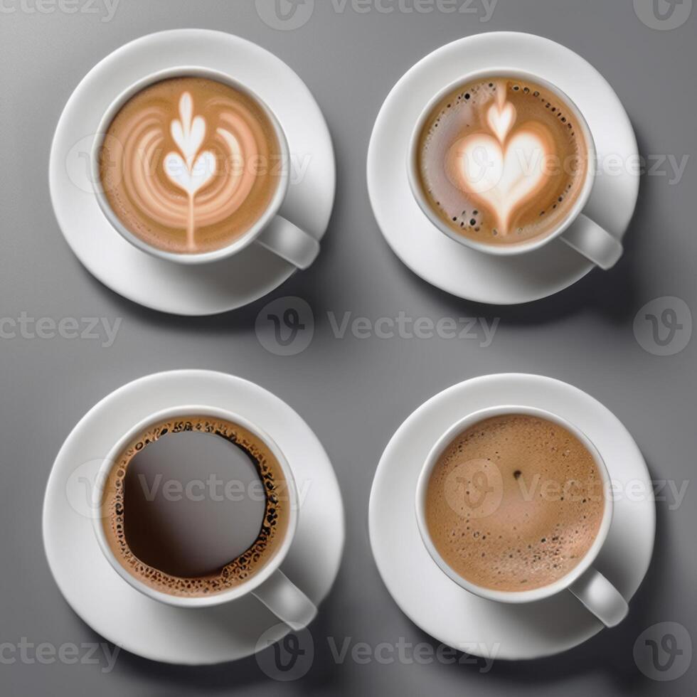 White cup on a saucer, decorative drawings on coffee. Cappuccino, latte design. Top view. Macro photography. Realistic food illustration for advertising design photo