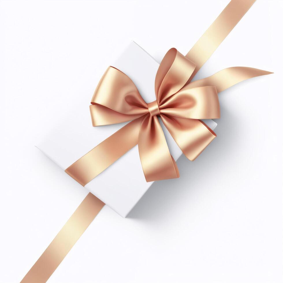 Satin or silk rose gold ribbon with bow, gift packaging decoration element isolated on white background. Simple minimalistic design photo