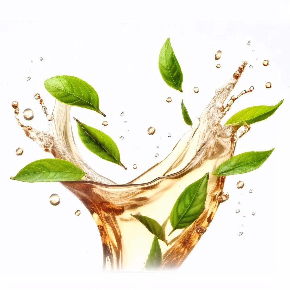 Splash of tea isolated on a white background. Fresh leaves falling in a stream. Design element for packaging and advertising. Photorealistic food illustration photo