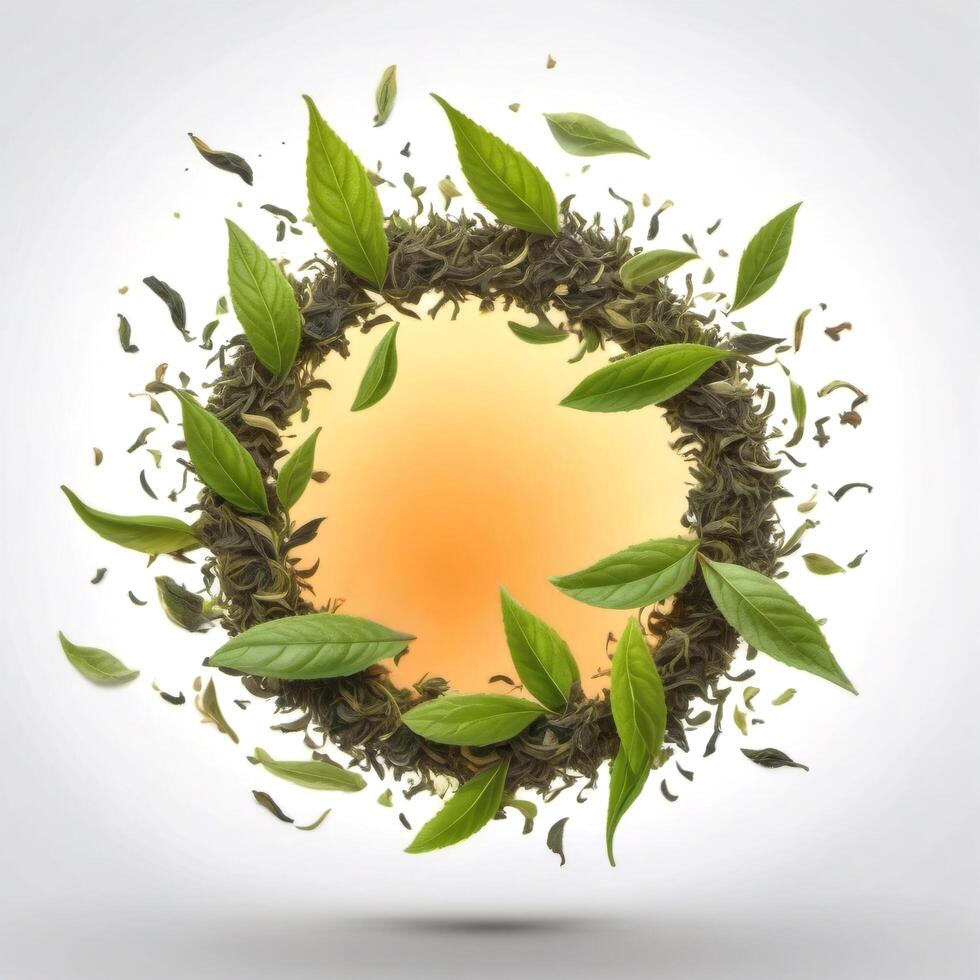 Tea leaves scattered in a circle isolated on a white background. Dry and fresh green leaves. Design element for packaging and advertising. Photorealistic food illustration photo