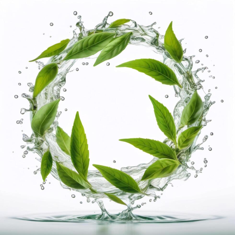 Circle splash of green tea or water isolated on white background. Fresh leaves falling in a stream. Design element for packaging and advertising. Photorealistic food illustration photo