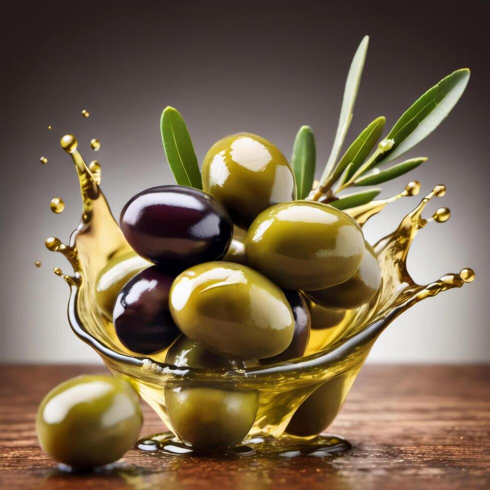 Natural green olives with leaves, drowning in a golden oil splash. Extra quality olive oil. Element of packaging design and decoration photo