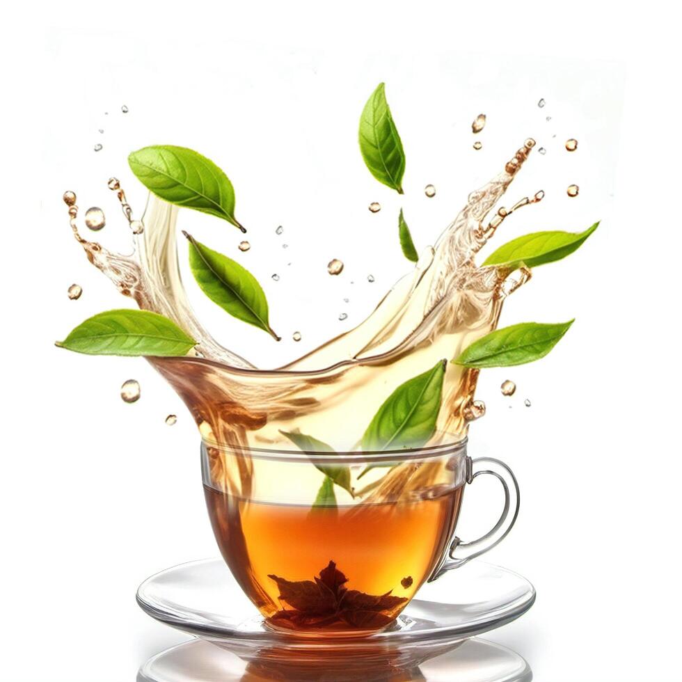 Splash of tea in a transparent cup isolated on a white background. Fresh leaves falling into a cup. Design element for packaging and advertising. Photorealistic food illustration photo