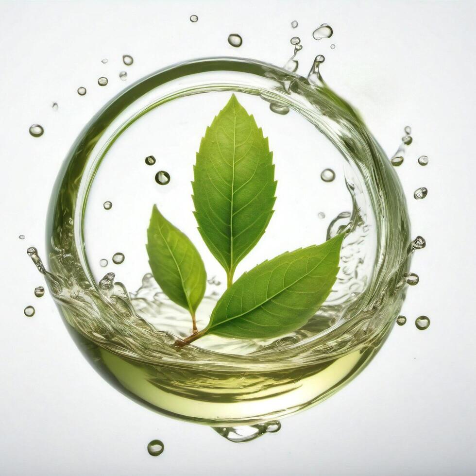 Circle splash of green tea or water isolated on a white background. Fresh leaves in a stream. Design element for packaging and advertising. Photorealistic food illustration photo