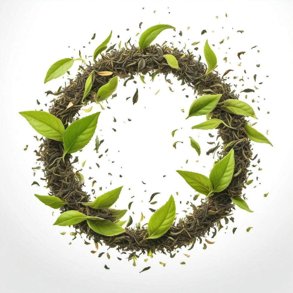 Tea leaves scattered in a circle isolated on a white background. Design element for packaging and advertising. Photorealistic food illustration photo
