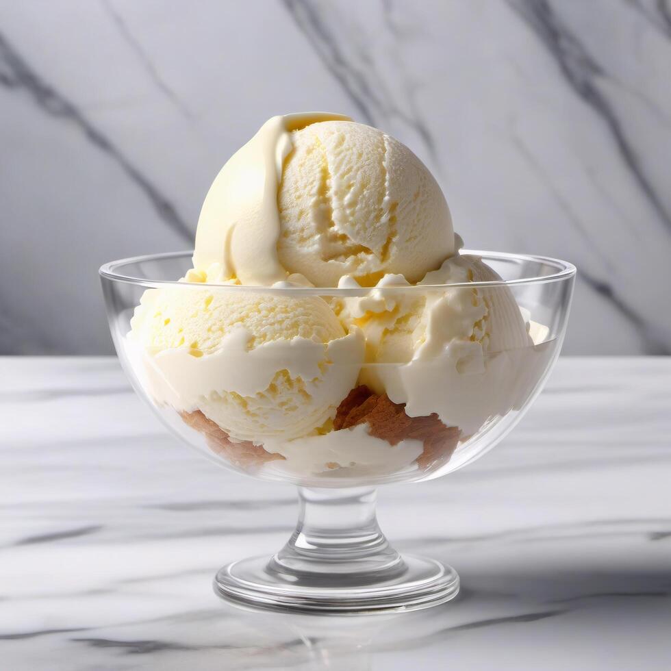 Scoops of natural vanilla ice cream in a transparent bowl. Close-up image. Macro photo, advertising design element photo