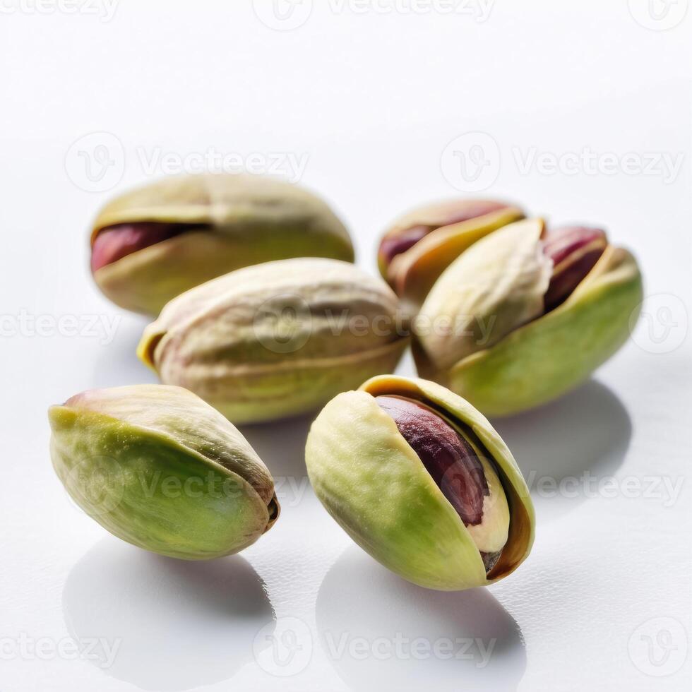 Pistachios scattered isolated on a white background. Macro food image. Design element photo
