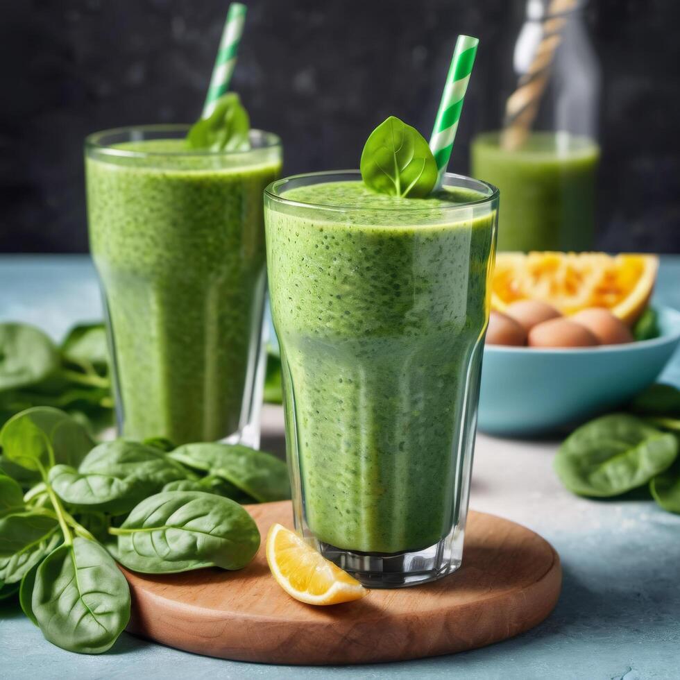 A glass of spinach smoothie with fresh juicy ingredients, healthy detox drink. Close-up food image. Design and advertising element, banner photo
