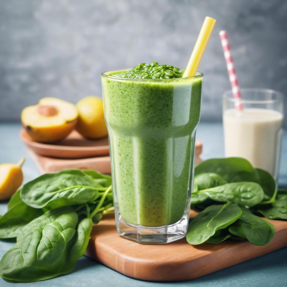 A glass of spinach smoothie with fresh juicy ingredients, detox drink. Close-up image of food, macro. Design and advertising element, banner photo