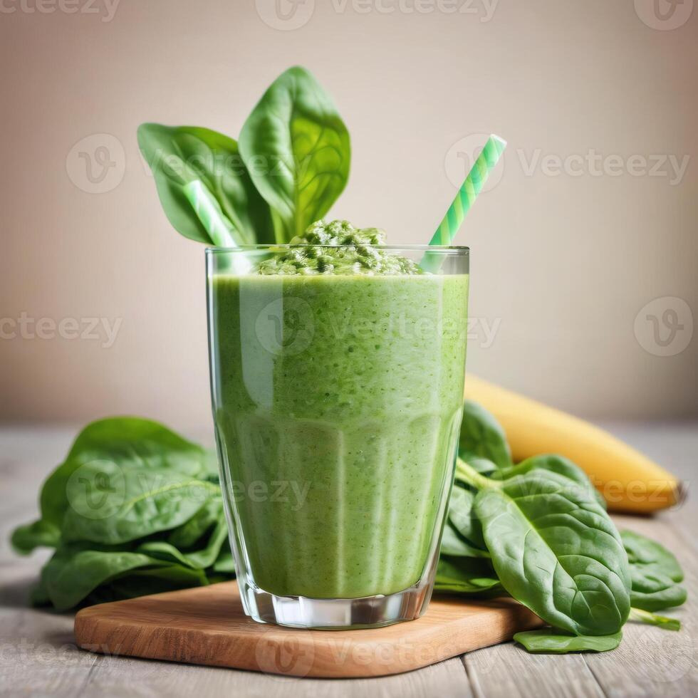 A glass of spinach smoothie with fresh juicy ingredients, a healthy drink. Close-up image of food, macro. Design and advertising element, banner photo