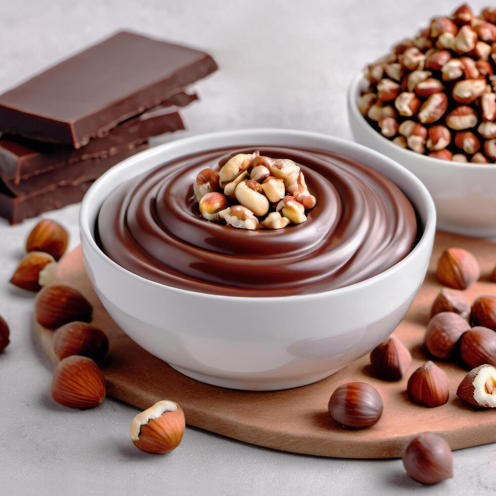 Chocolate cream with hazelnut, soft paste in a bowl. Dark melted chocolate, cocoa. Close-up food image. Design element photo