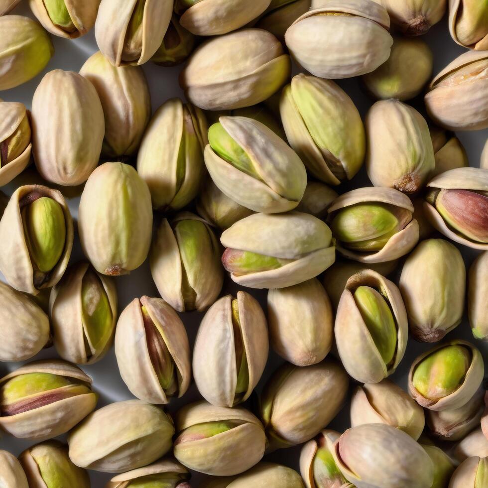 Pistachios close-up scattered on a white background. Macro food. Design element photo