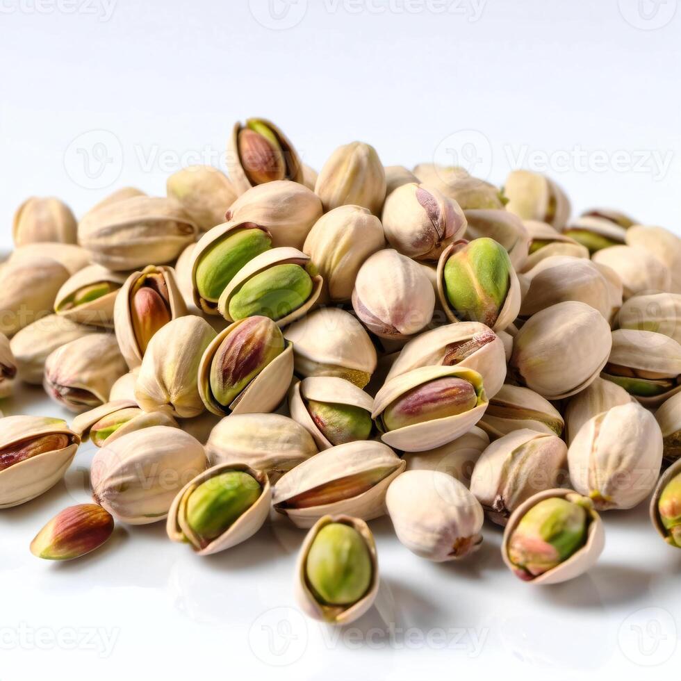 A bunch of pistachios, peeled and in shell, close-up, scattered on a white background. Macro image of food. Design element photo