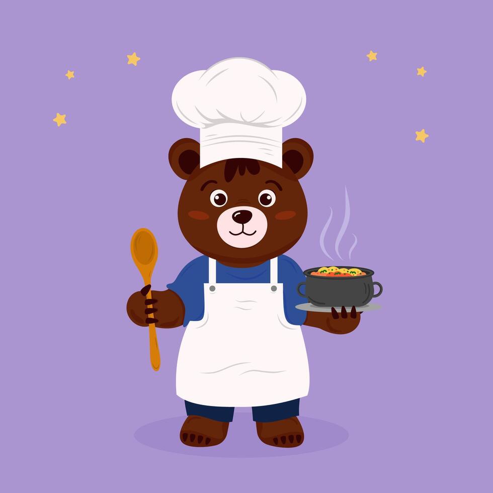 Cute Bear Chef in a White Apron Holding a Pot and Spoon Against a Purple Background vector