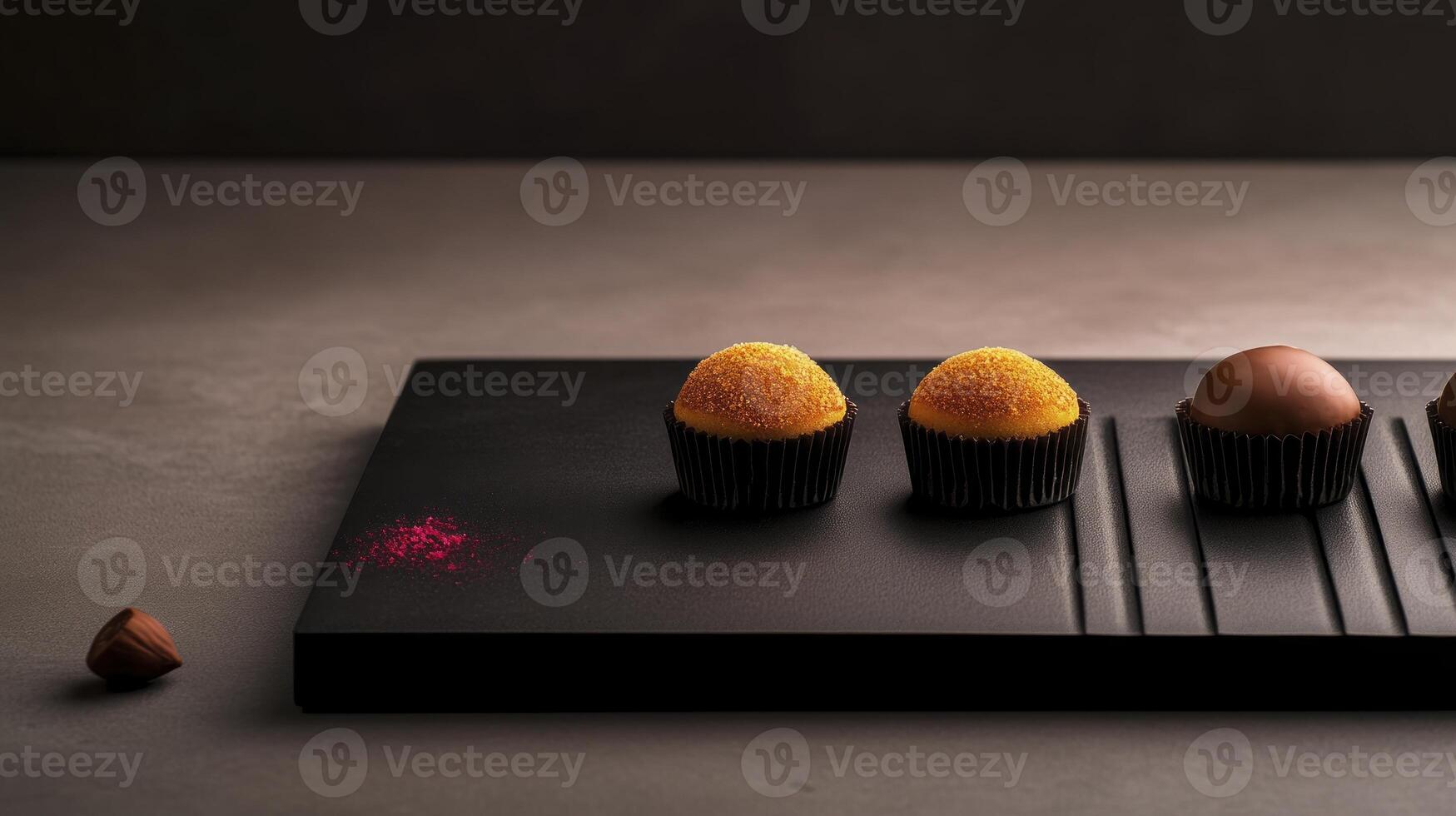 Four chocolate eggs are on a black tray photo