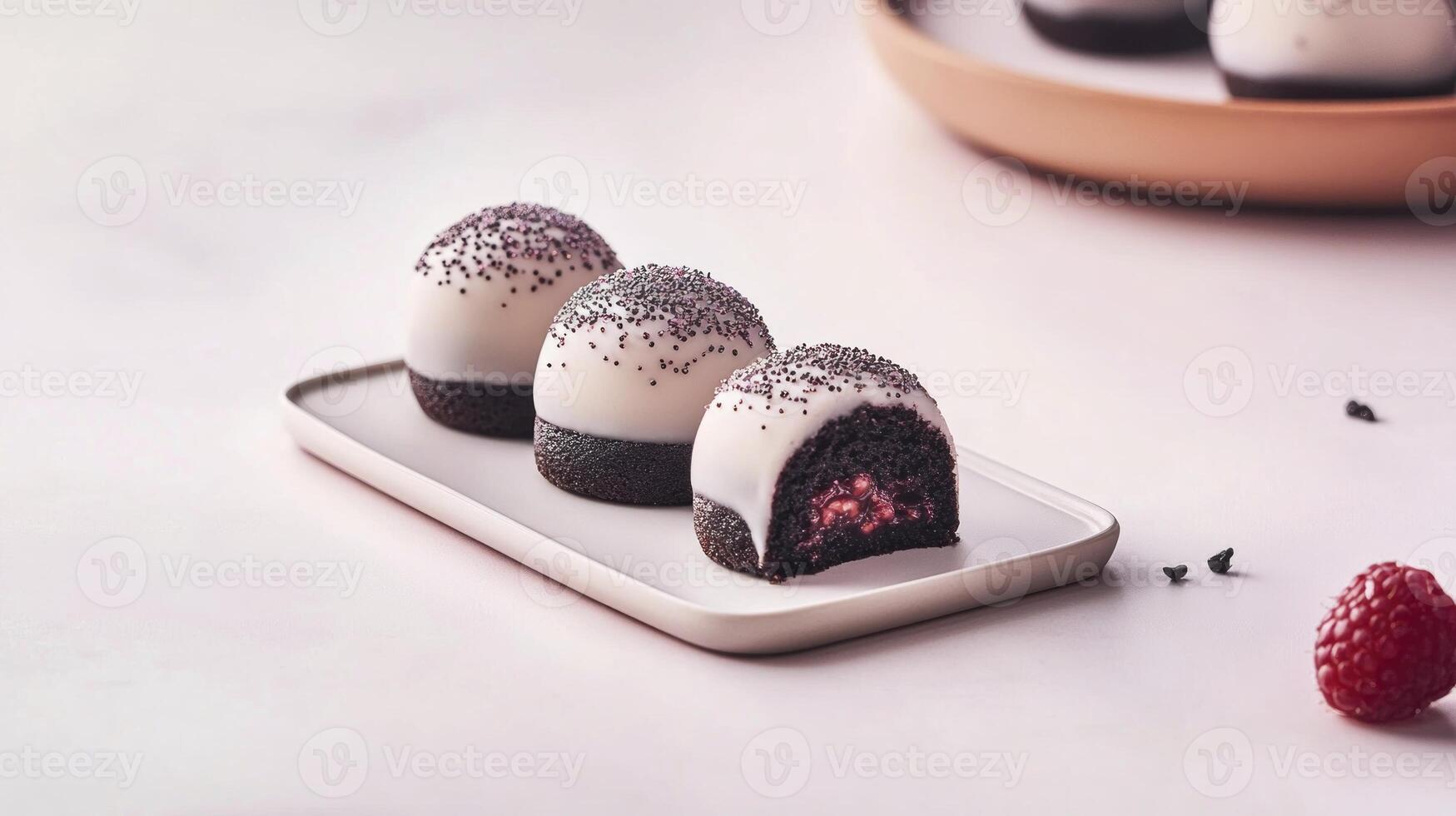 Three chocolate covered strawberries on a white plate photo