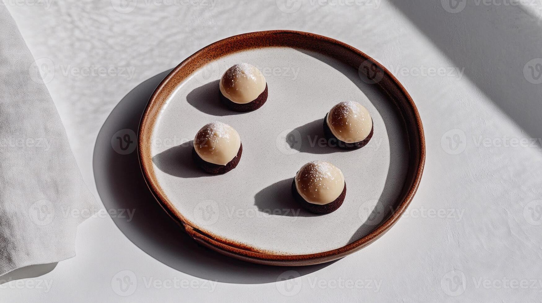 Four chocolate covered eggs sit on a white plate photo