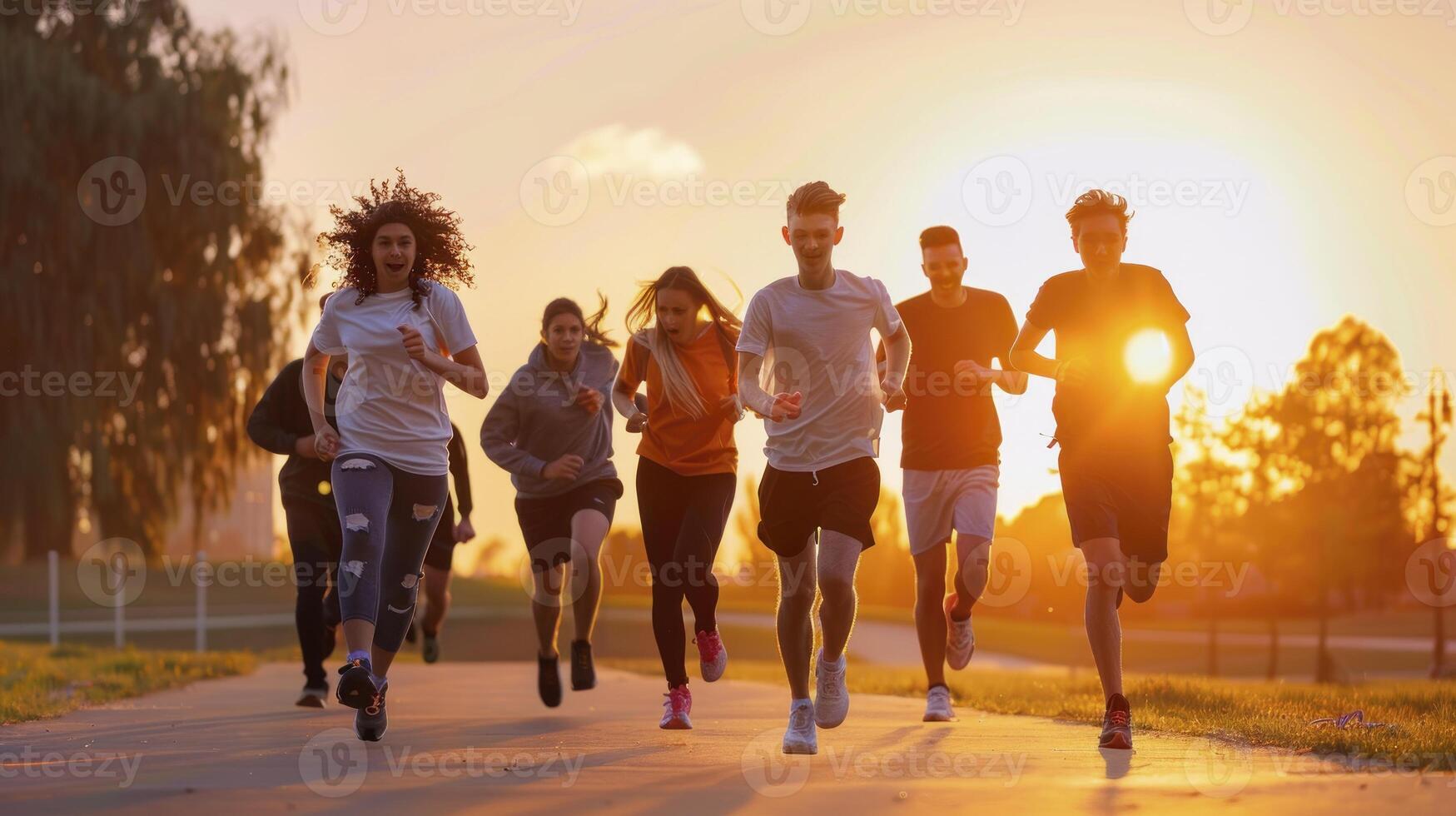 A group of people running in the sunset photo