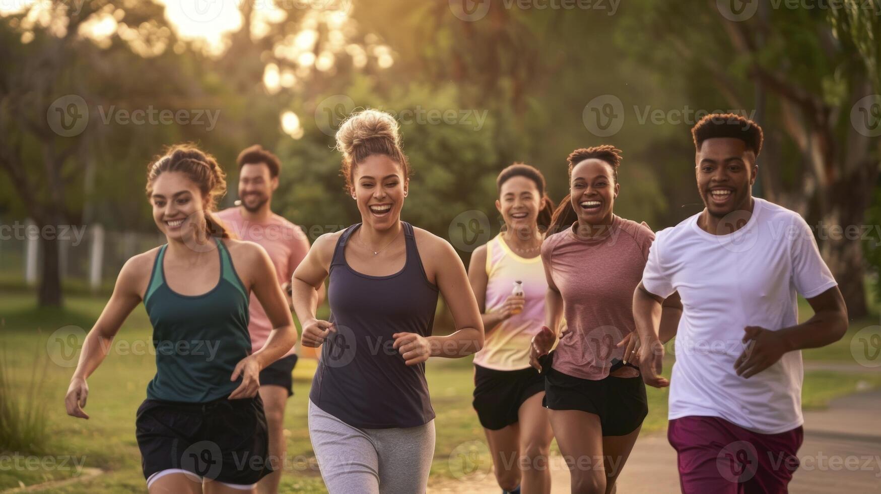 A group of people running together in a park photo
