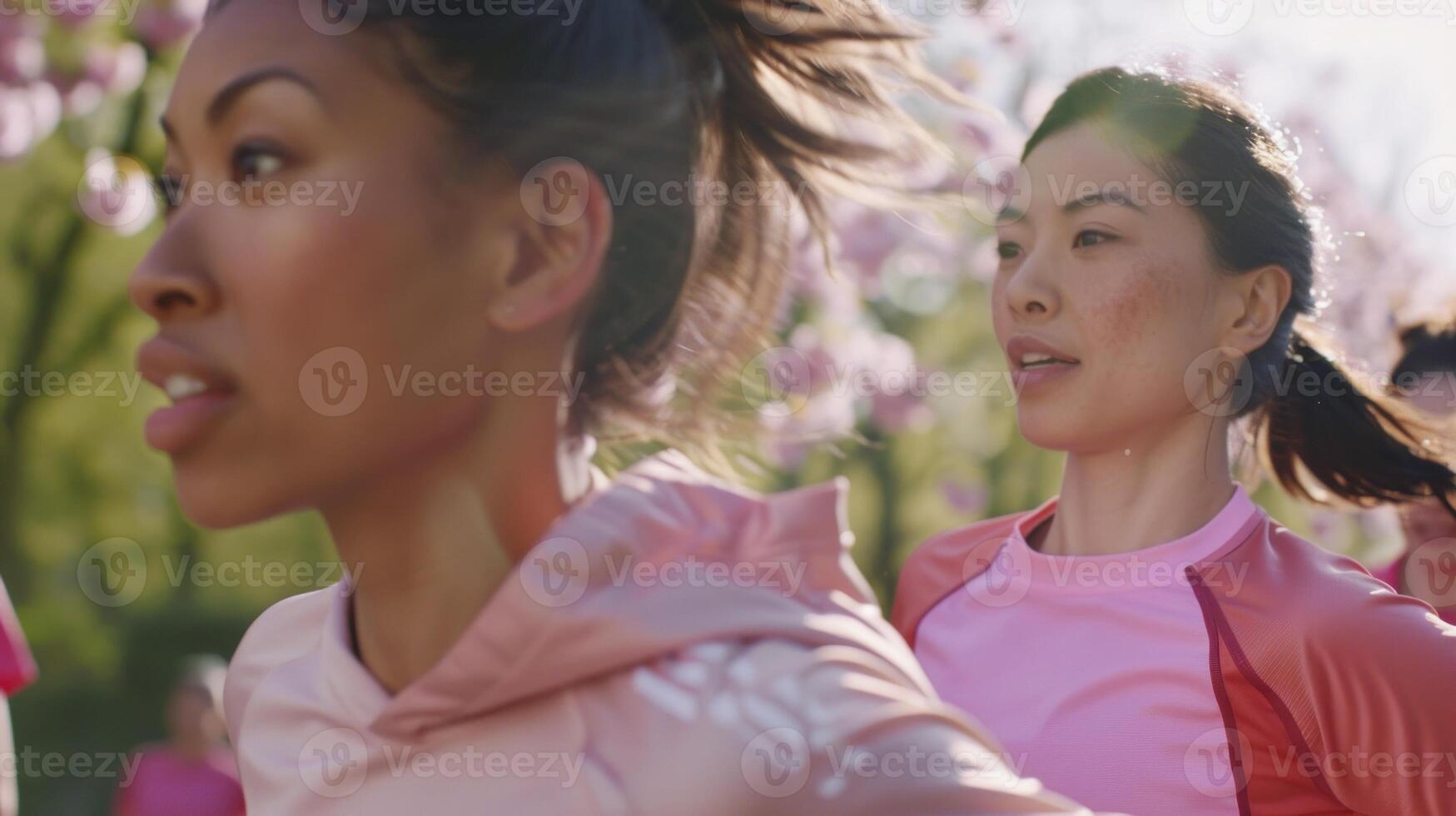 Women running in pink shirts and running in the park photo