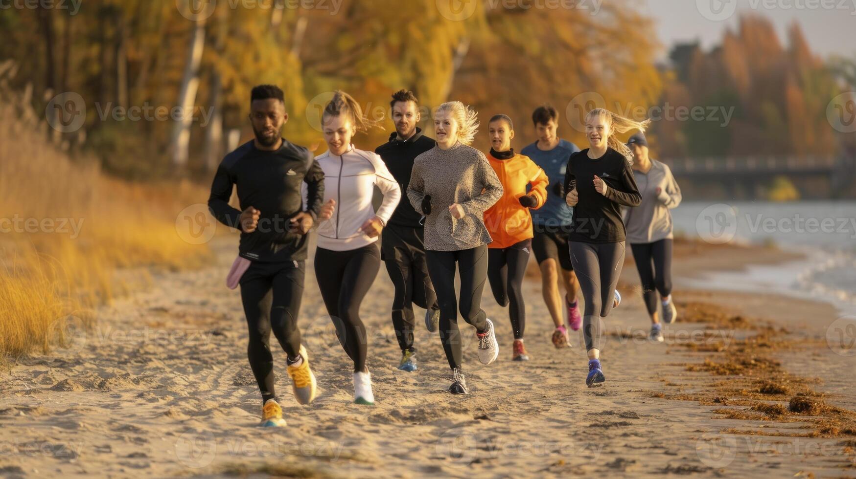 A group of people running on the beach photo