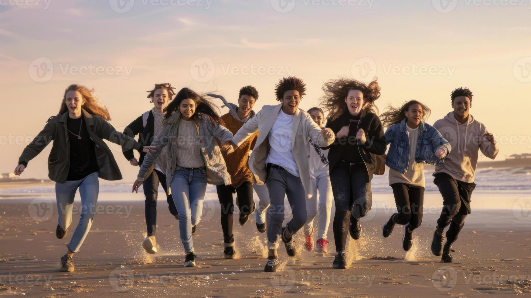 A group of young people running on the beach photo