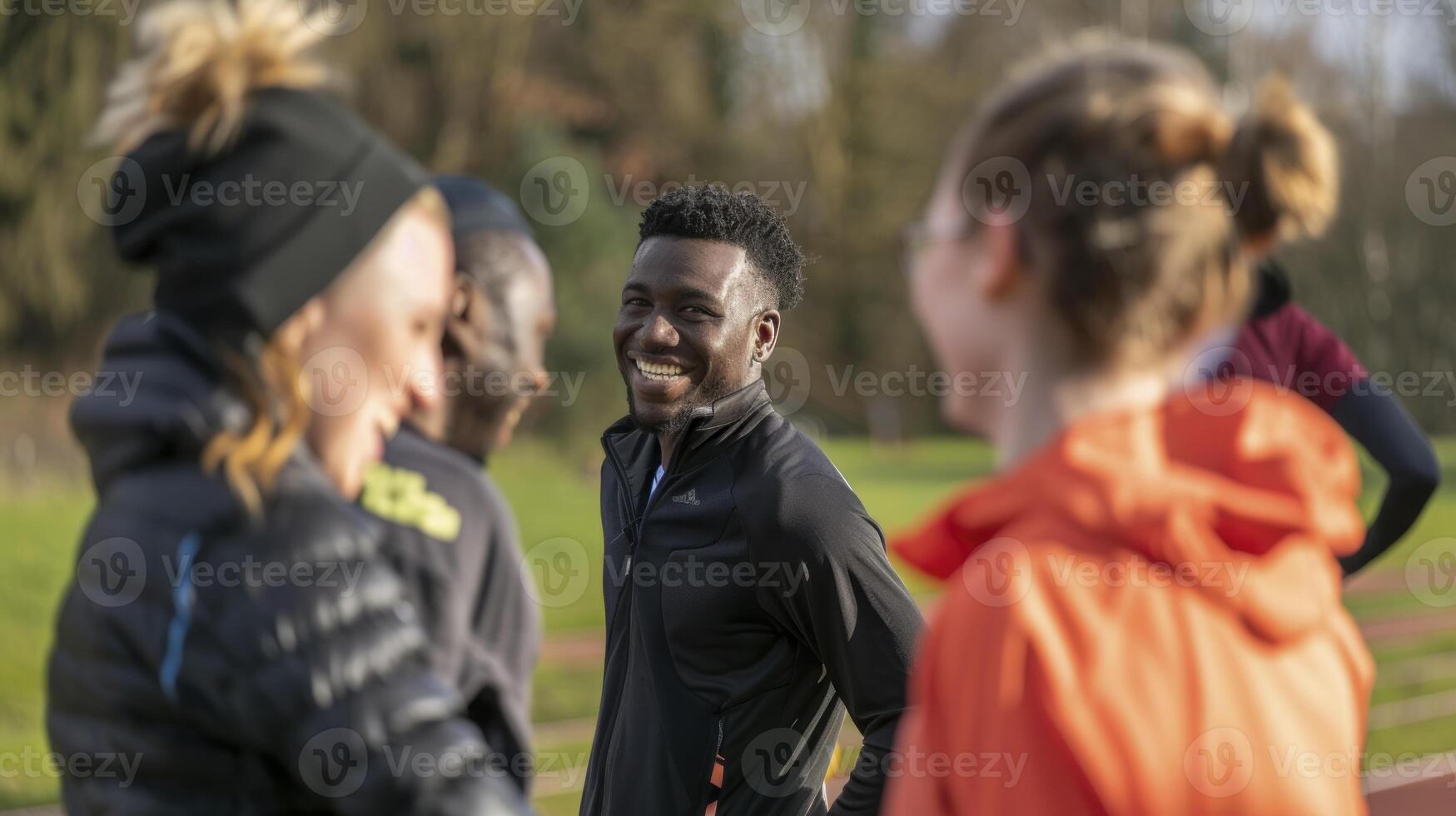 A group of people are talking on a running track photo