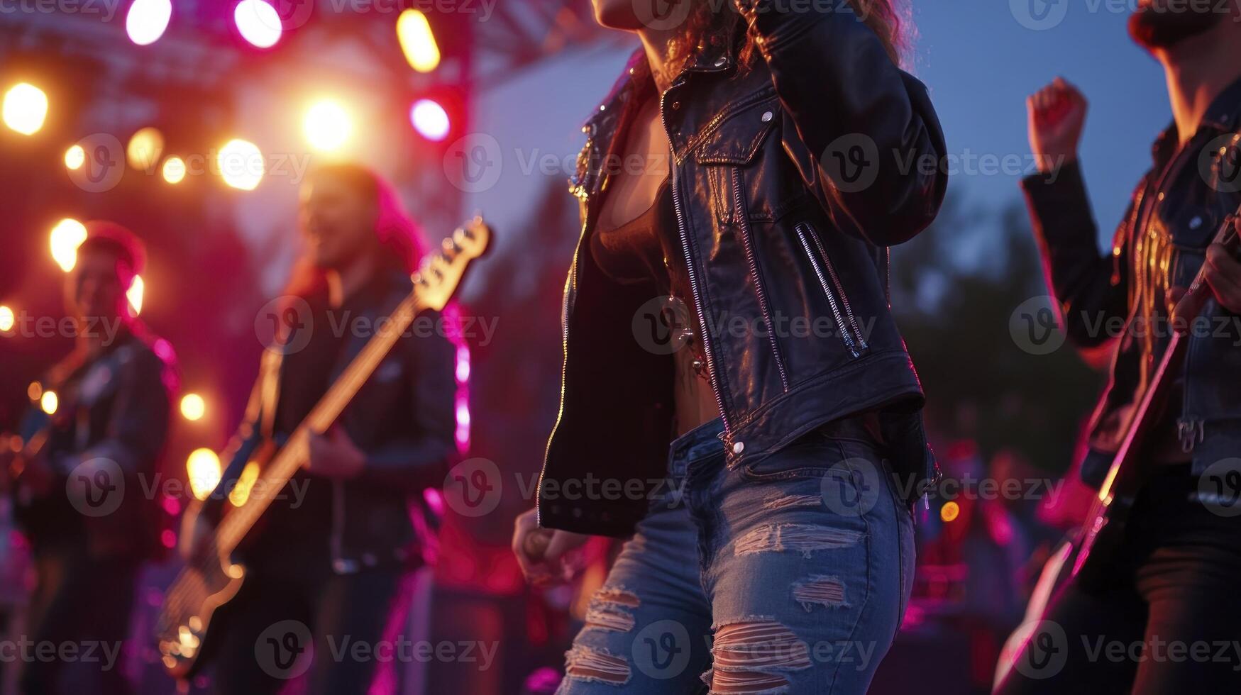 A woman in leather jacket and jeans singing on stage photo