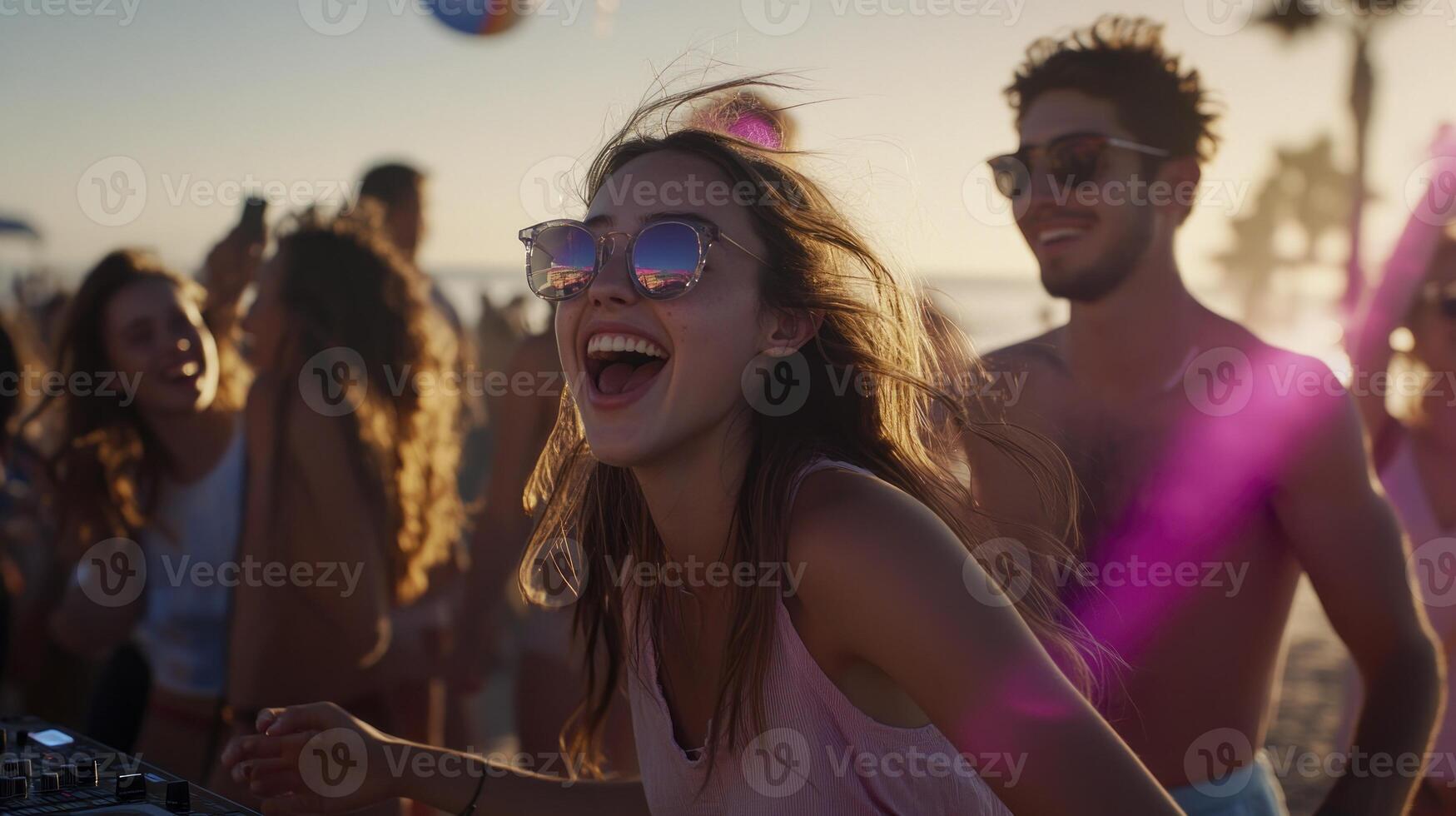 A group of people at a beach party with a dj photo