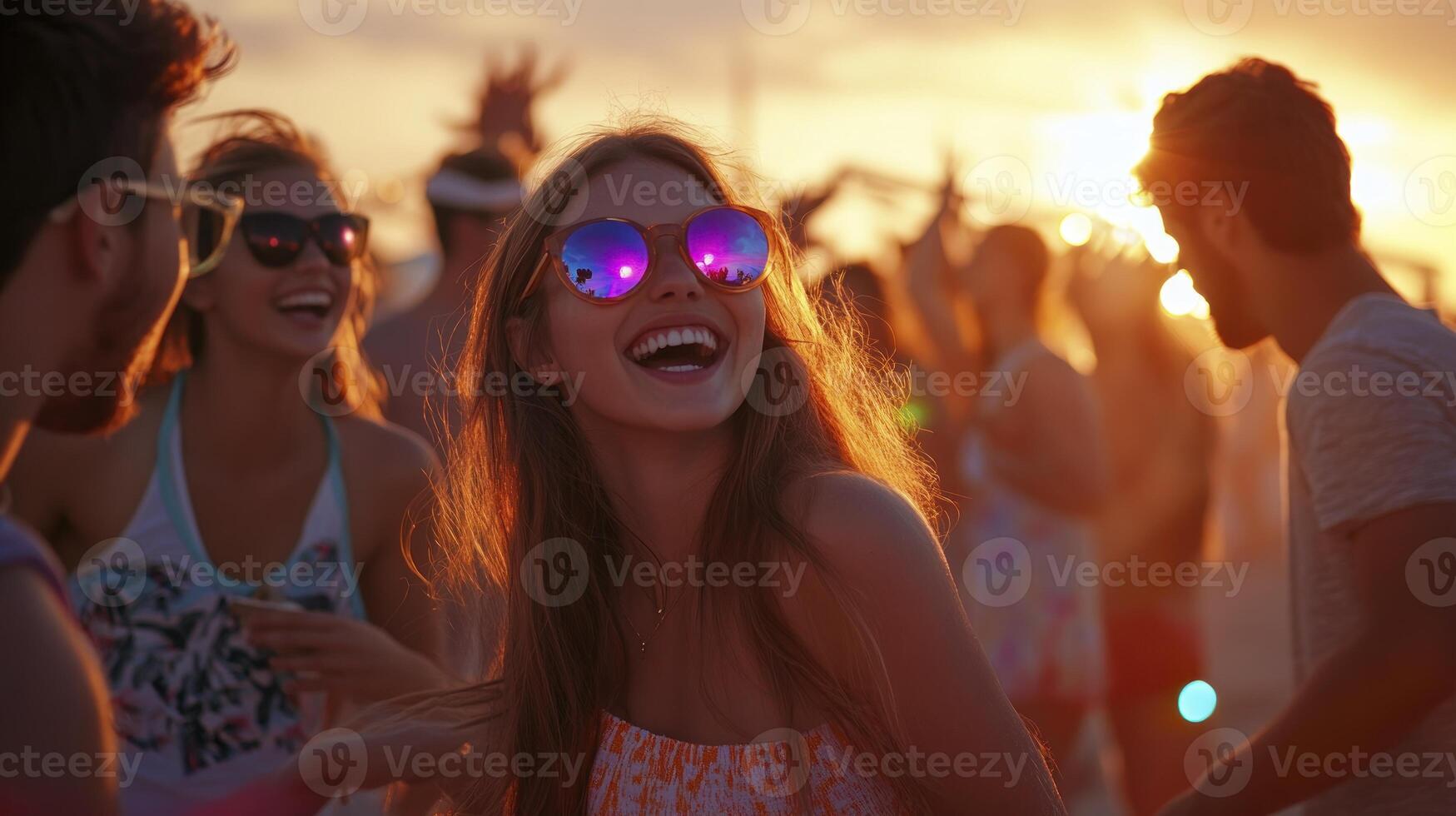 A group of people at a beach party with sunglasses on photo
