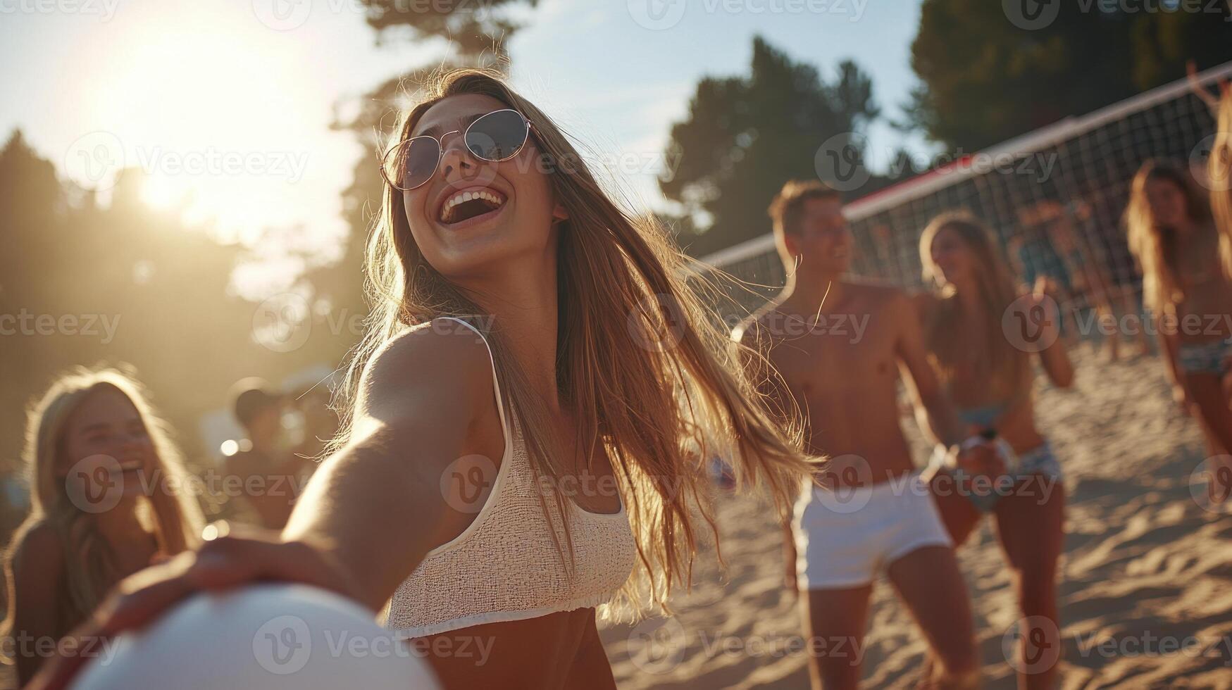 A woman in sunglasses is holding a volleyball ball photo