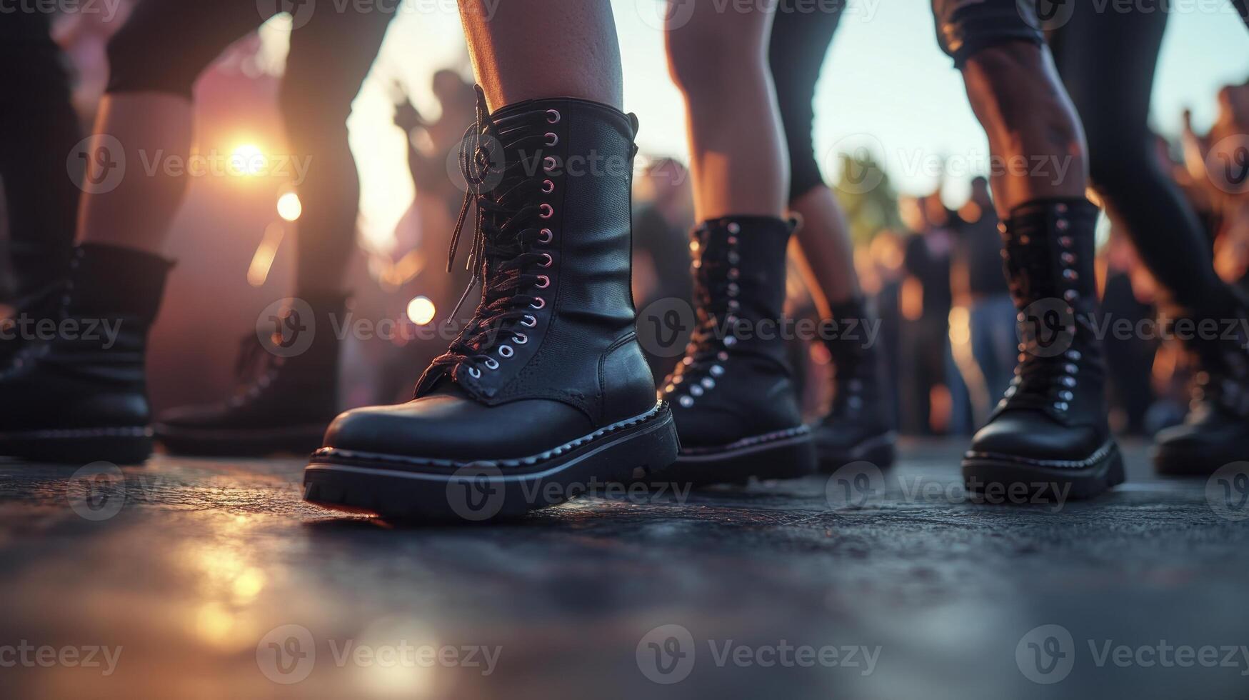 A group of people wearing black boots standing on a street photo