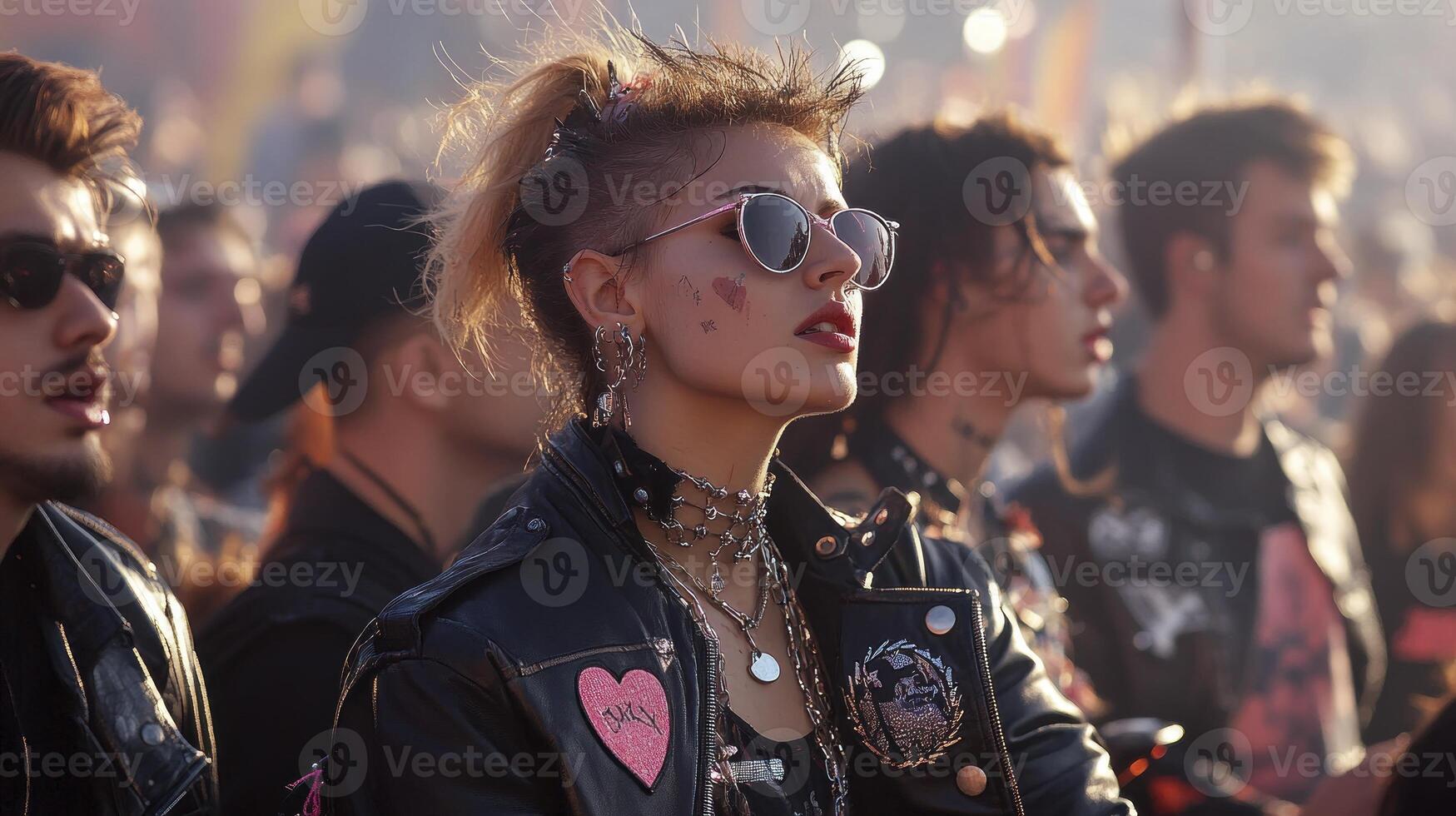 A woman in a leather jacket and sunglasses at a concert photo