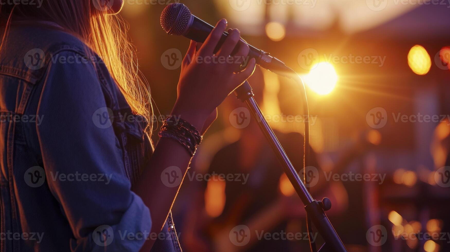 A woman is singing into a microphone at sunset photo