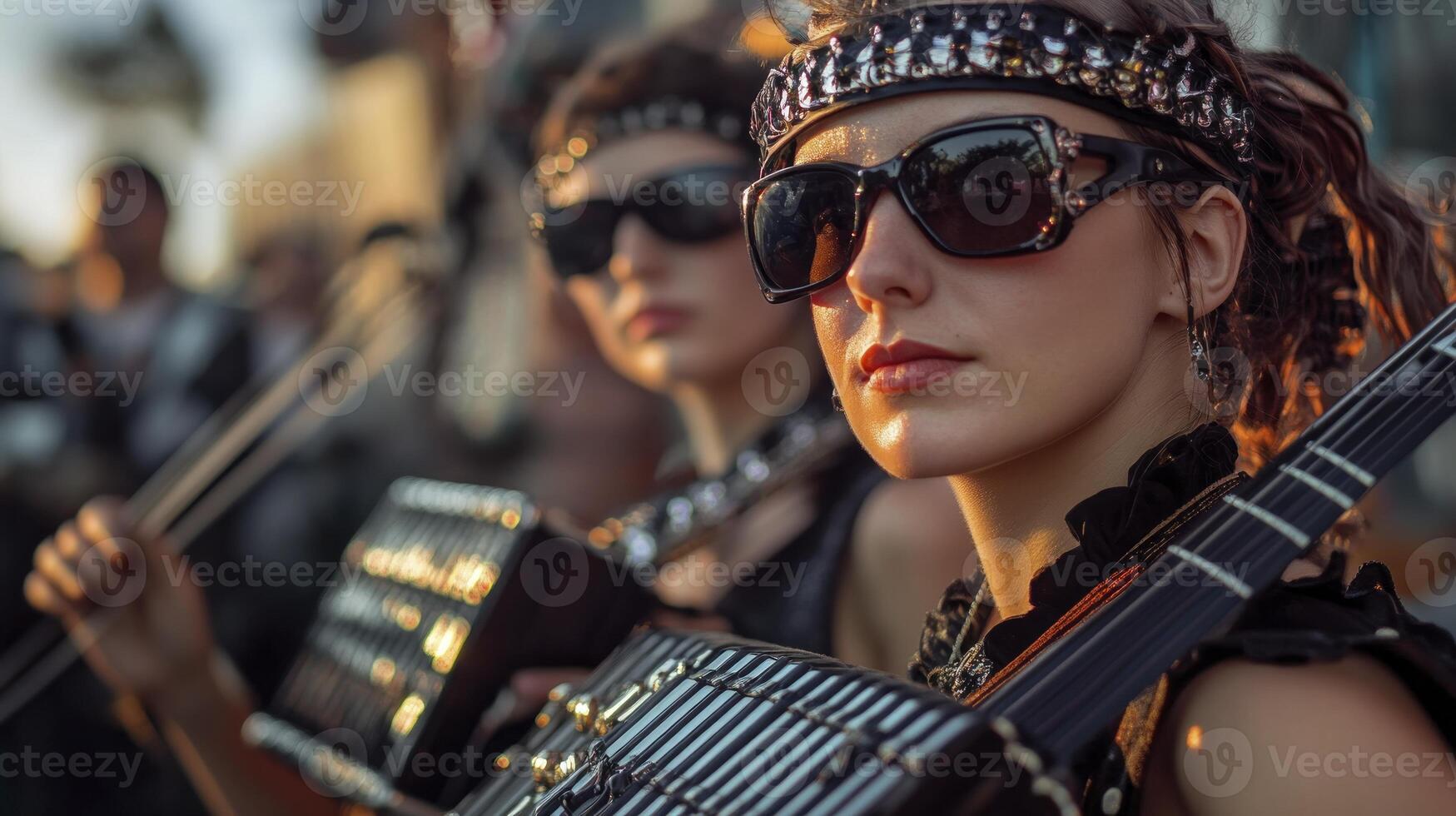 Two women wearing sunglasses and holding an accordion photo