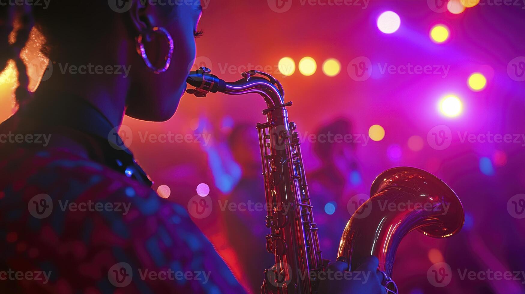 A woman playing the saxophone at a concert photo