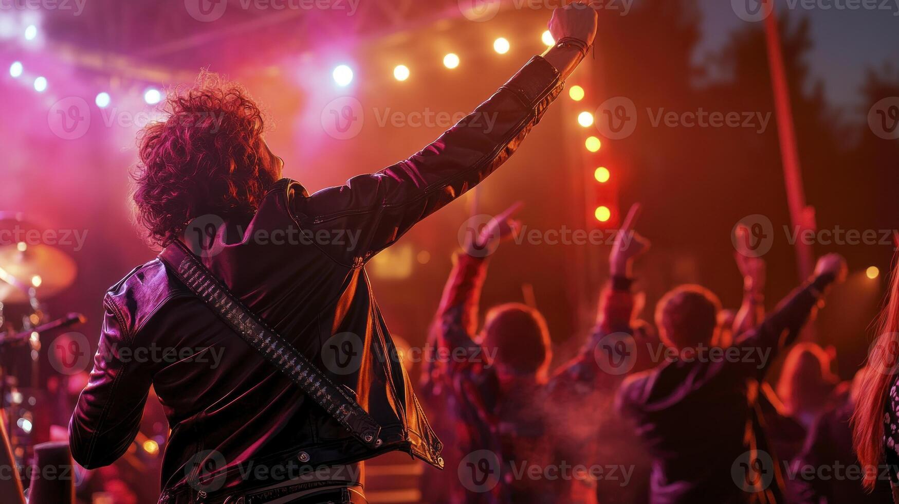 A man in leather jacket is raising his arms in the air photo
